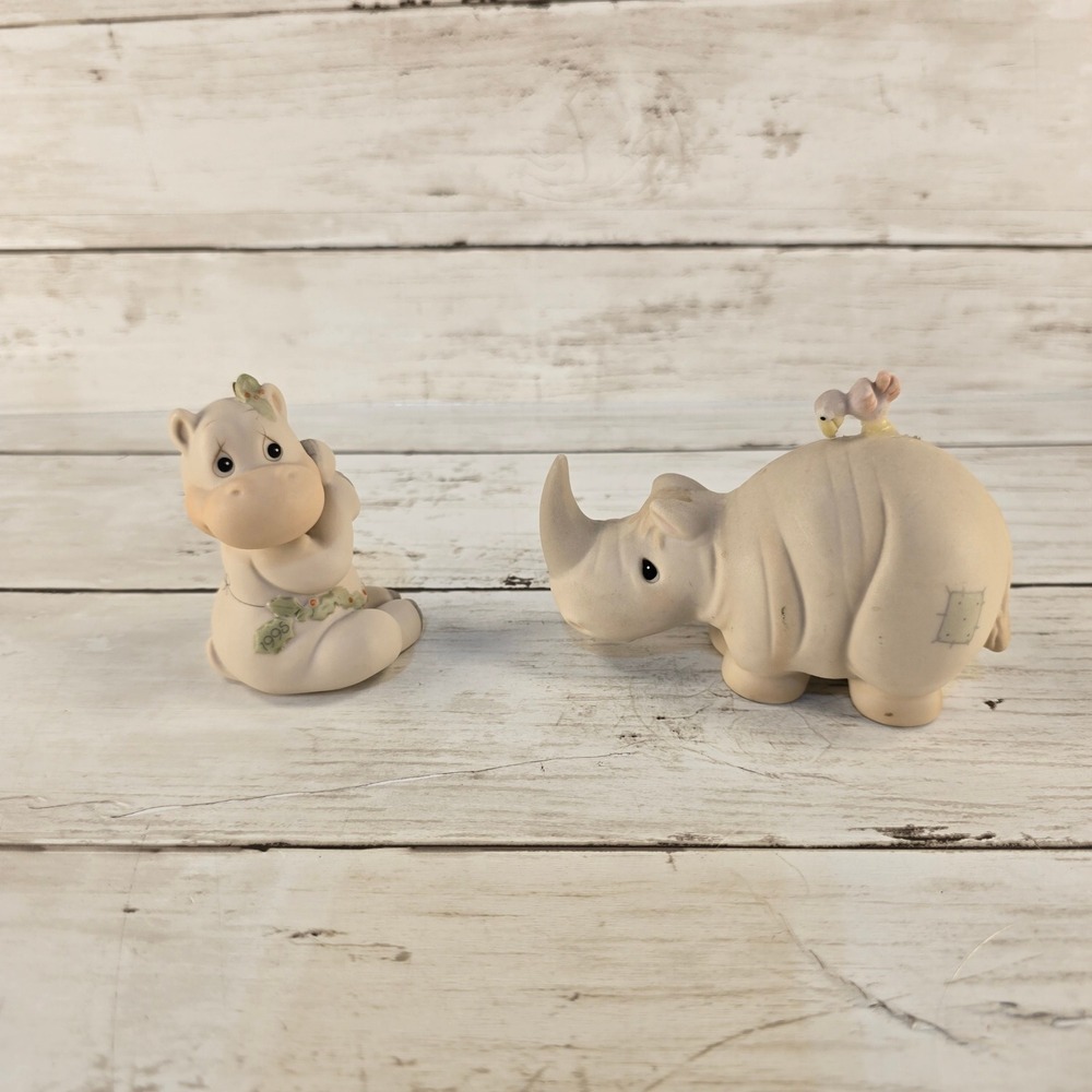 VTG 2 Precious Moments Hippo Holidays Ornament 1995 & Rhino Figurine Enesco 1988